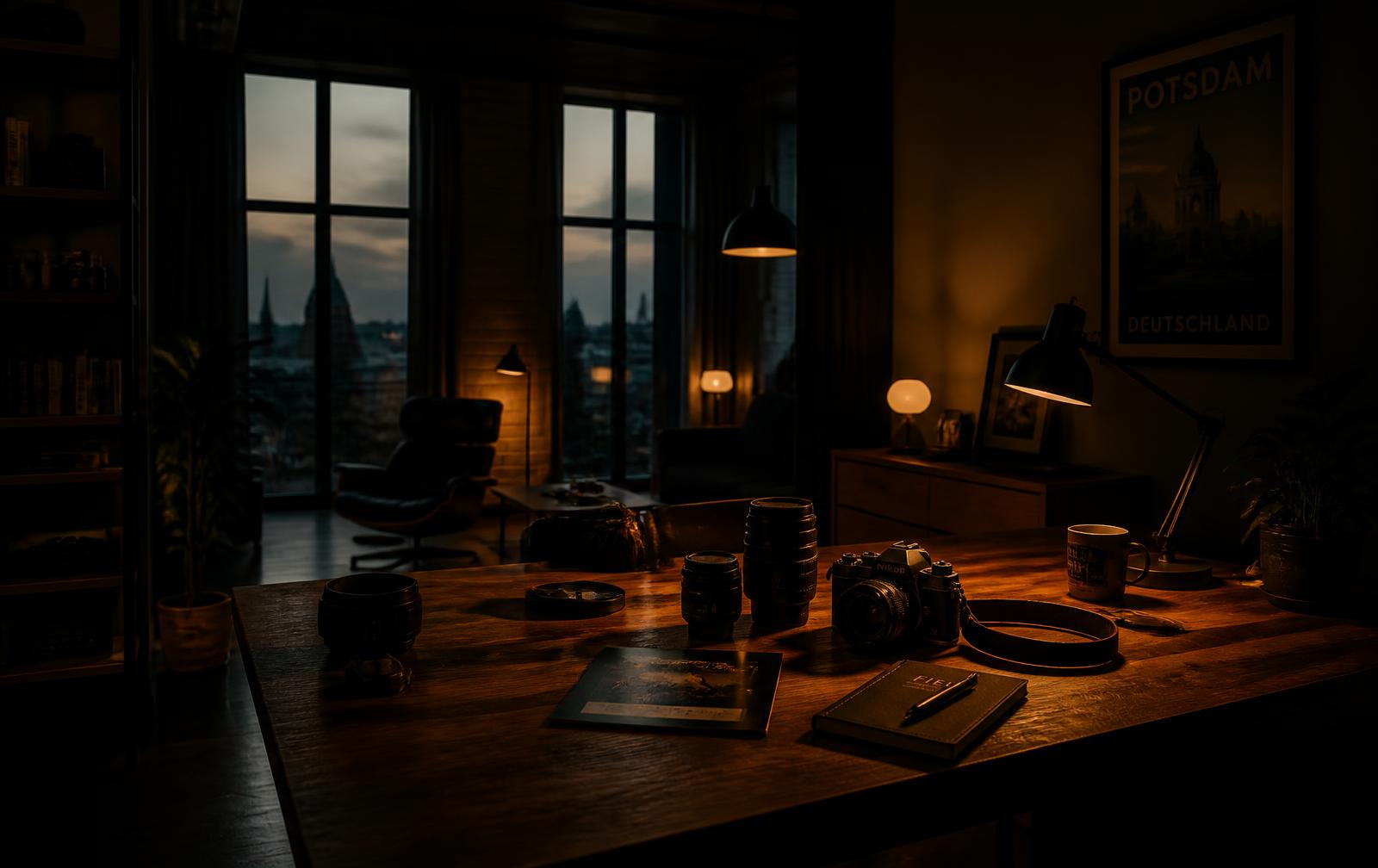 Cinematic production setup with camera gear at dusk